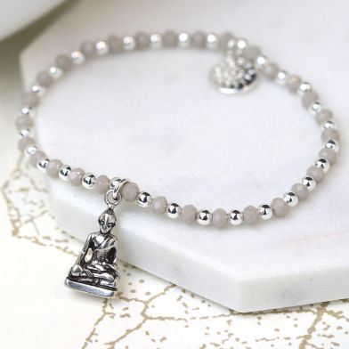 Grey & Silver Plated Bead Bracelet with Sitting Buddah Charm by Peace Of Mind